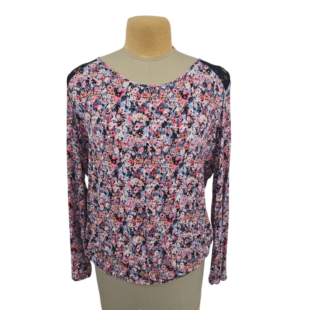 New Directions Blouse Women XL Floral Lace Back Long Sleeve Stretch Casual Top‎
